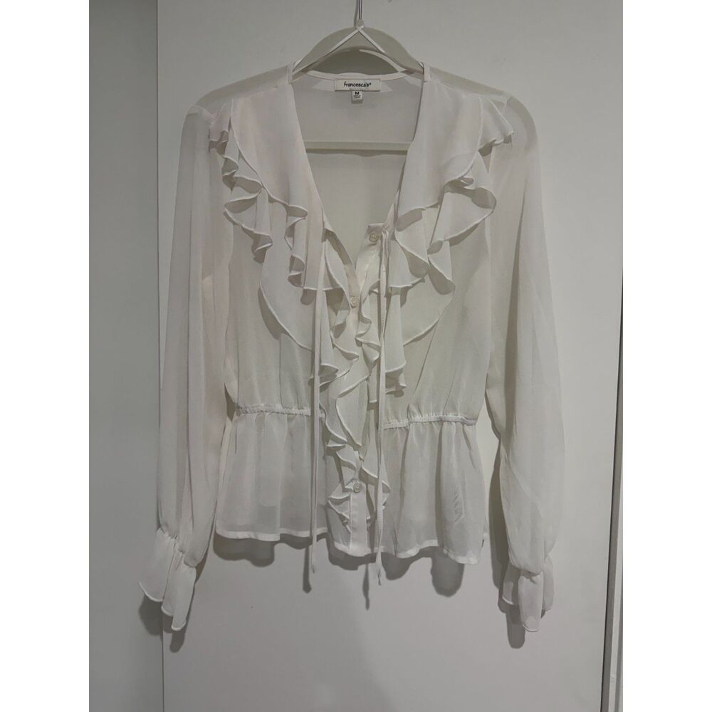 Francesca's White Sheer Chiffon Ruffle V-Neck Long Sleeve Peplum Blouse Size M